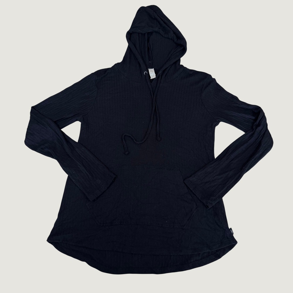 Bally Total Fitness Ribbed Knit Hoodie M Black High-Low Hem Pocket